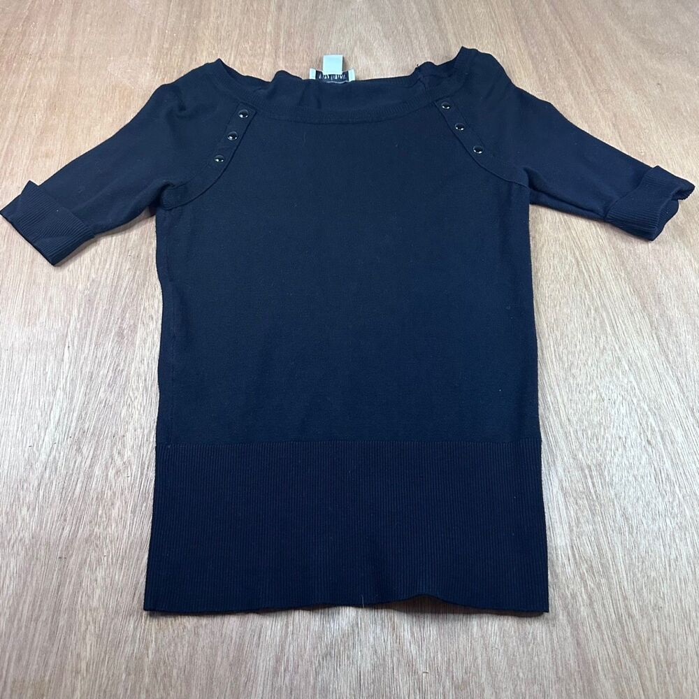 White House Black Market Small Black Knit Sweater 3/4 Sleeve Snap Detail